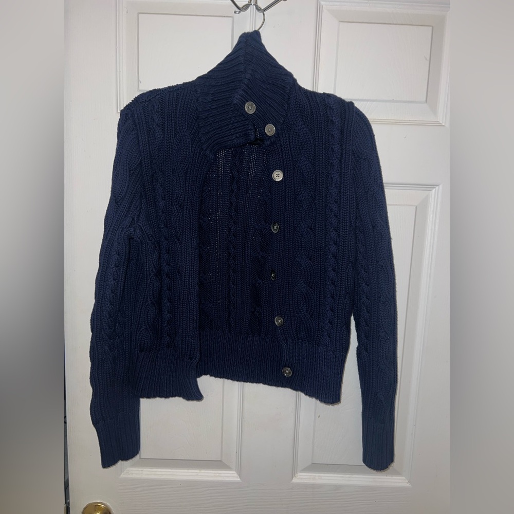 Navy cable knot Ralph Lauren cardigan. Heavy material, fits like a medium